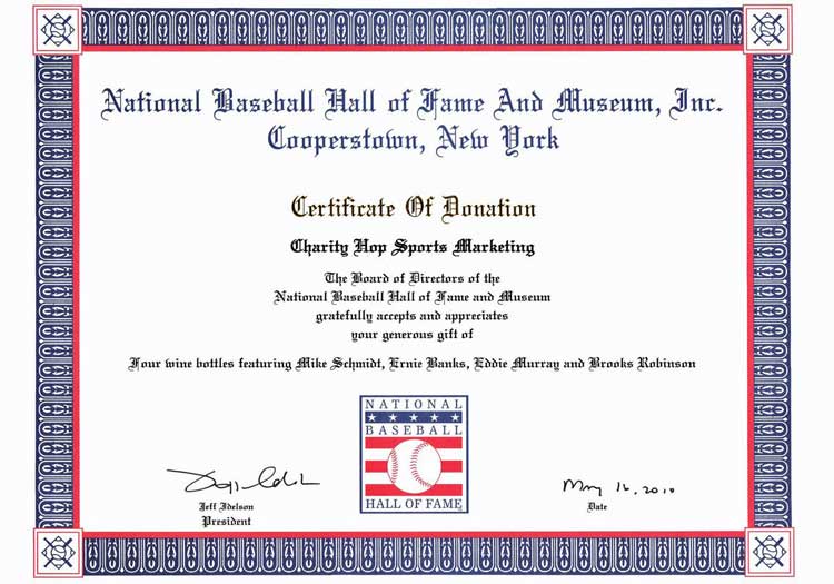 Charity Wines: National Baseball Hall of Fame Certificate of Donation