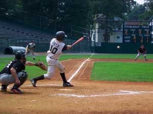 Dan Field bats at Doubleday Field
