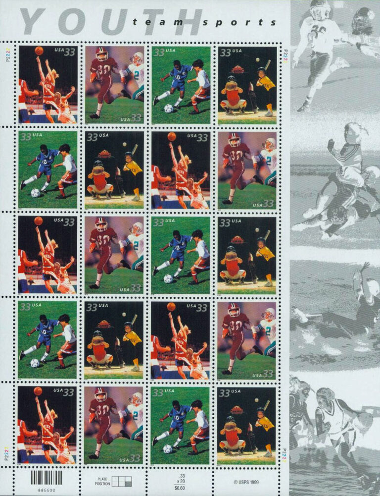 Youth Team Sports U.S. Postage Stamps Sheet
