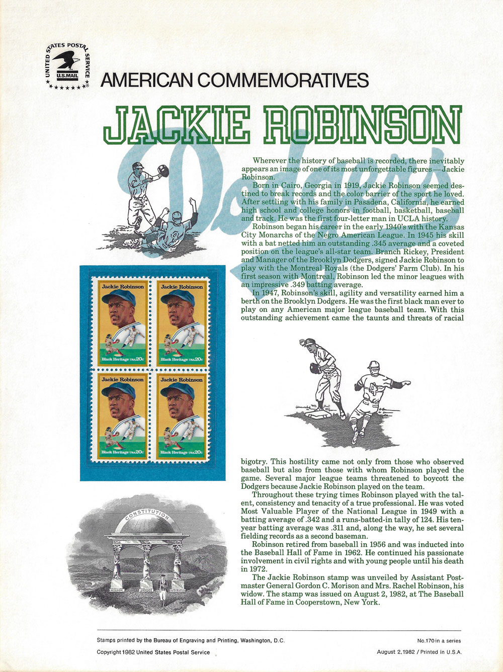 1982 Jackie Robinson U.S. Postage Stamps Baseball Life