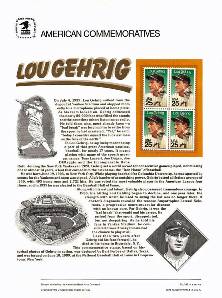 1989 Lou Gehrig U.S. Postage Stamps Baseball Life
