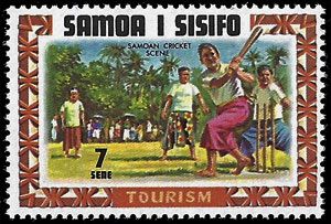 1971 Somoa I Sisifo – Tourism (Cricket scene, but with baseball bat!)