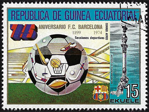 1974 Equatorial Guinea – 75 Aniversario F.C. Barcelona (with baseball bat graphic)