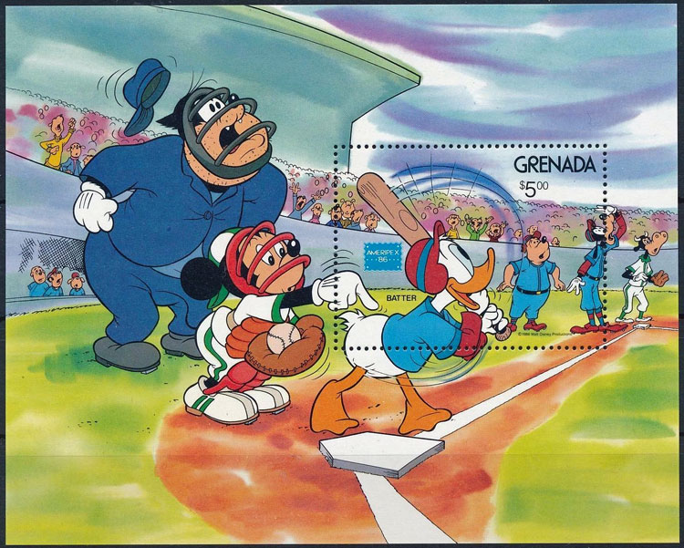 1986 Grenada – Walt Disney with Donald Duck, Batter, Souvenir Sheet