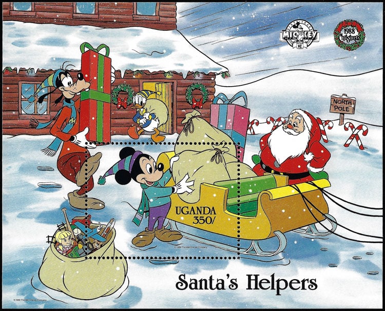 1988 Uganda – Santa's Helpers Mickey Mouse Souvenir Sheet (baseball bat in bag)