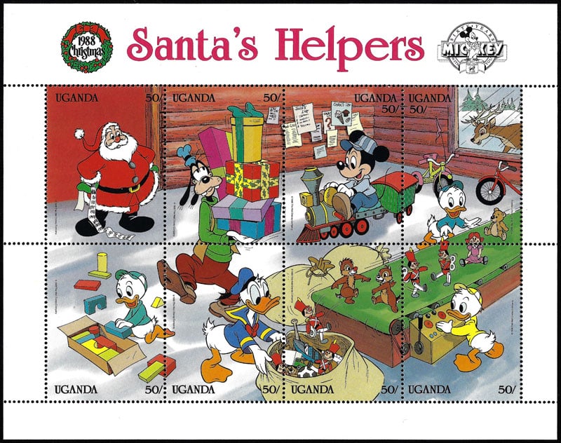 1988 Uganda – Santa's Helpers, Donald Duck Souvenir Sheet (baseball bat in bag)