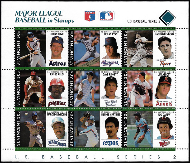 1989 St. Vincent – Major League Baseball in Stamps (Blue/Green)