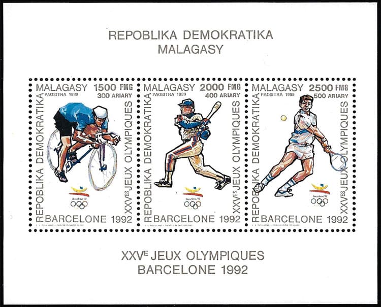1990 Malagasy – Olympic Games in Barcelona Souvenir Sheet with Cycling, Baseball and Tennis