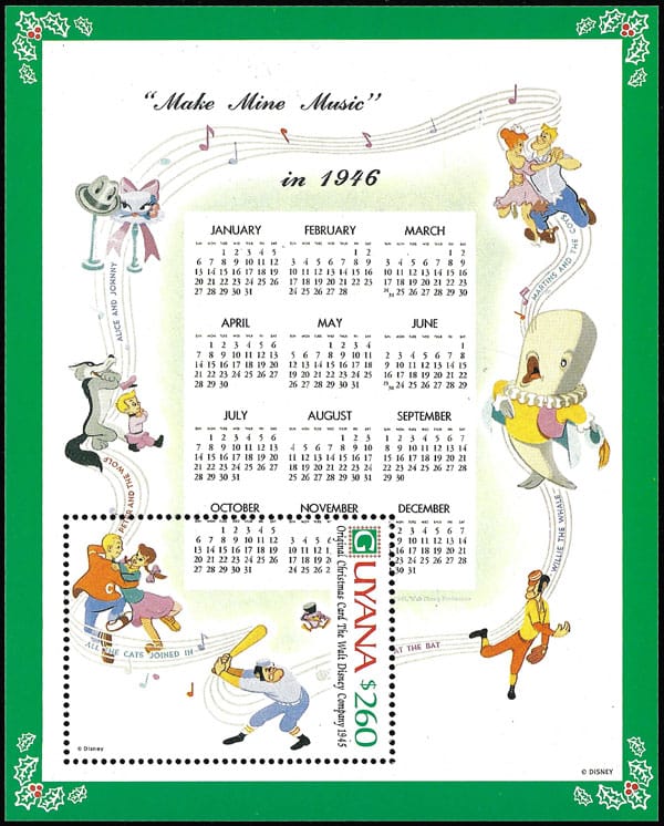 1991 Guyana – Walt Disney Christmas Card in 1946, "Make Mine Music" Calendar