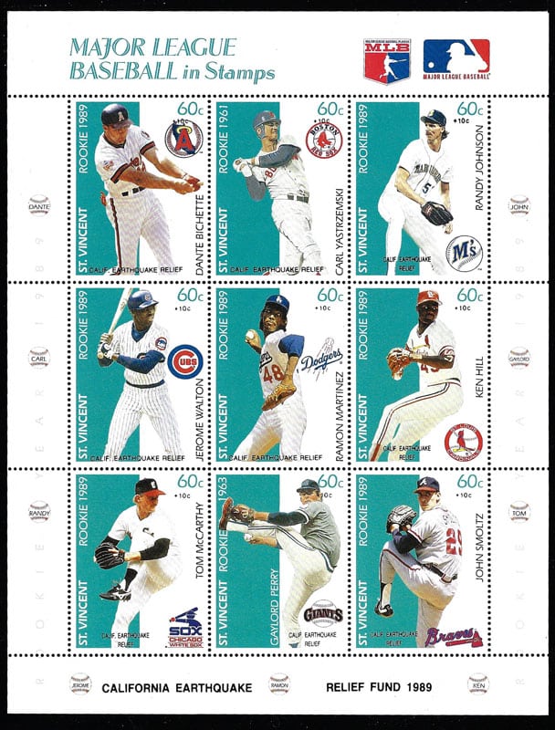 1989 St. Vincent – Major League Baseball in Stamps (Rookies 1), California Earthquake Relief