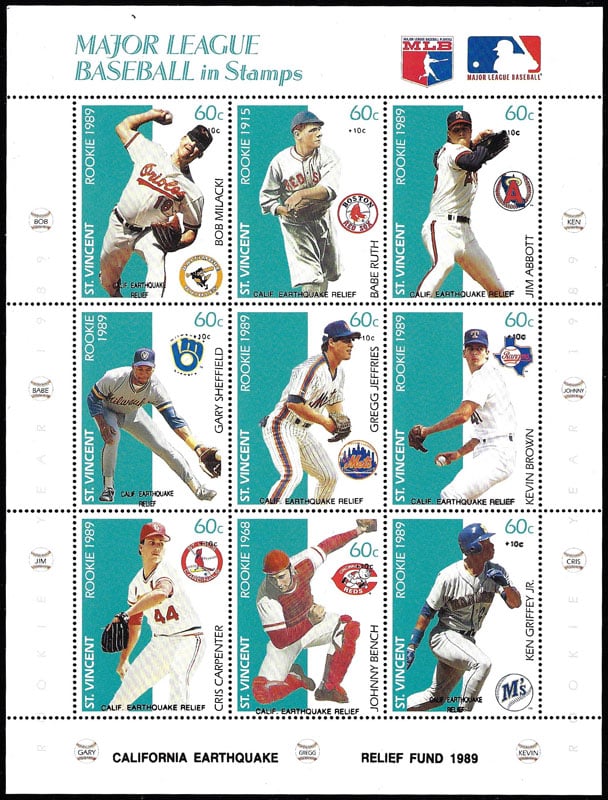 1989 St. Vincent – Major League Baseball in Stamps (Rookies 2), California Earthquake Relief