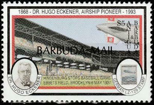 1994 Barbuda – Hindenburg Zeppelin Stops Baseball Game at Ebbets Field with "Barbuda Mail" overprint