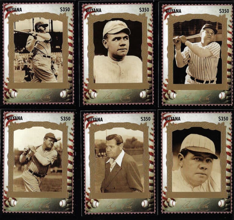 1995 Guyana – Babe Ruth Stamp Cards, first six cards, $350 value