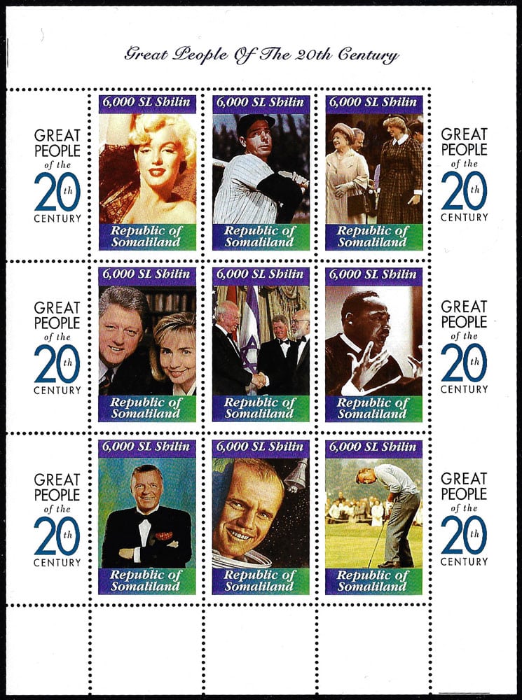 1999 Somaliland – Great People of the 20th Century with Joe DiMaggio (9 stamps)