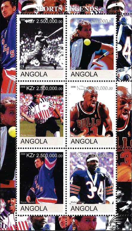 2000 Angola – Sports Legends with Joe DiMaggio, Steffi Graf, Payne Stewart, Michael Jordan, Wayne Gretzky, Walter Payton (6 values)