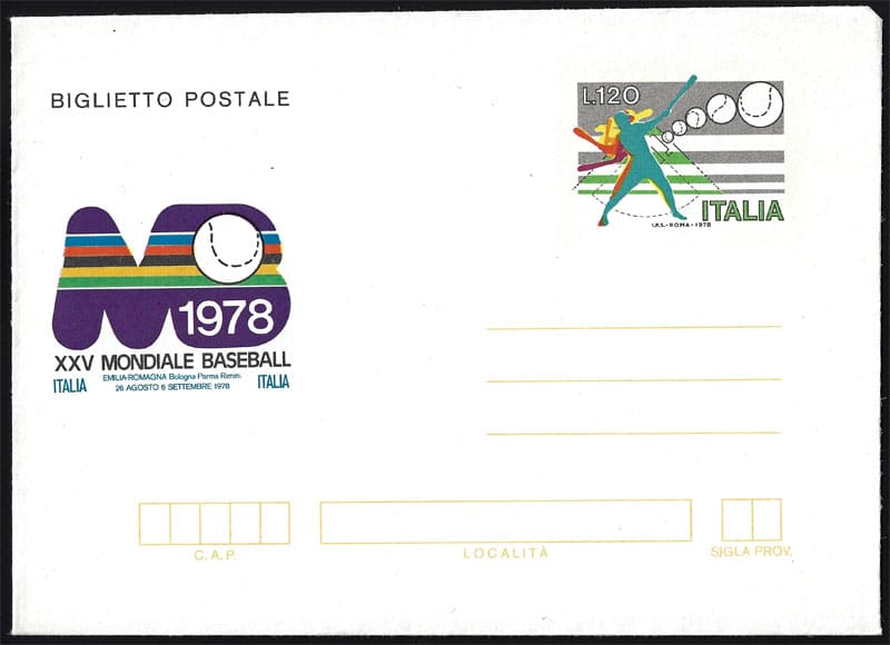 1978 Italy – XXV Mondiale Baseball Pre-Paid Cover