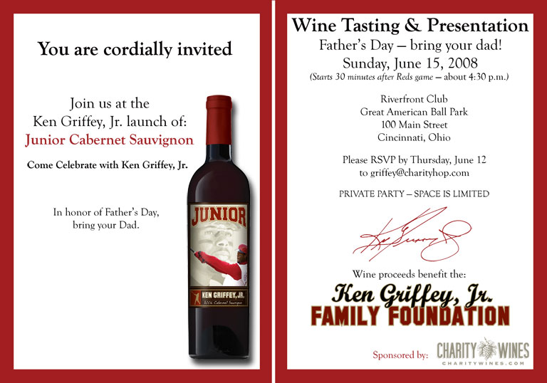 2008 Ken Griffey Jr, Charity Wines Launch Party Invitation