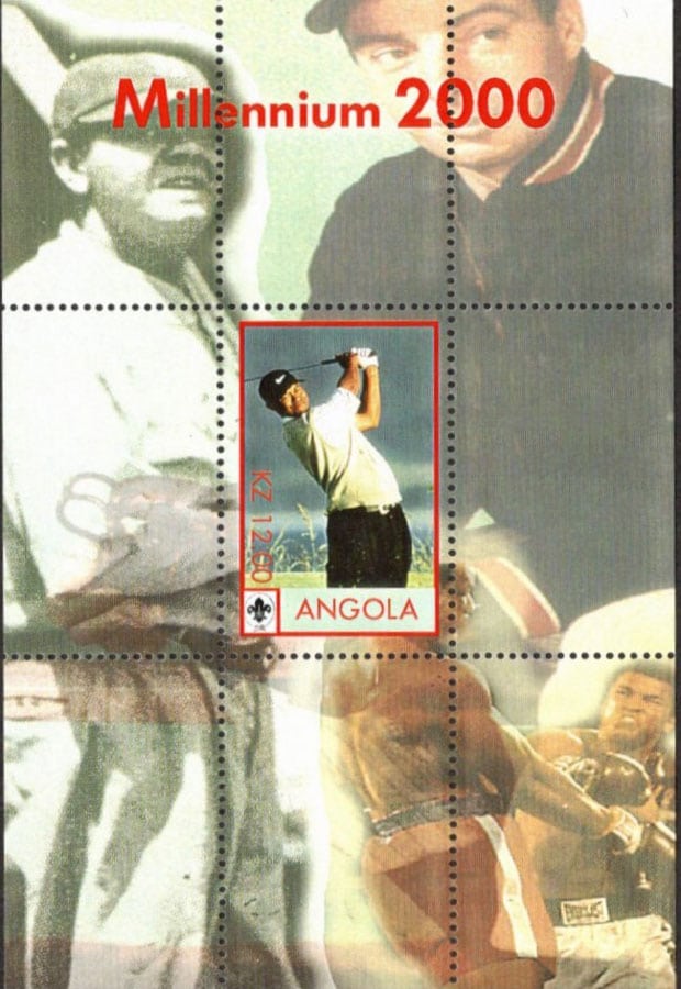 2000 Angola – Millennium 2000 with Tiger Woods (Babe Ruth and Joe Dimaggio in margins)