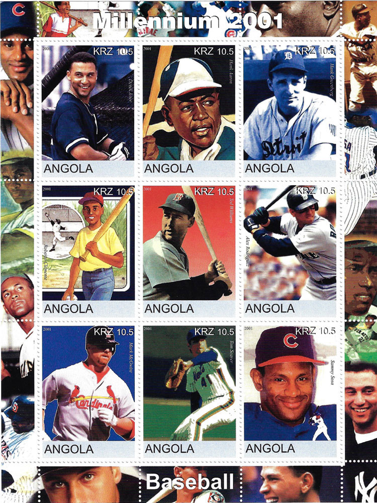 2001 Angola – Millennium 2001 – Baseball with Derek Jeter, Hank Aaron, Hank Greenberg, Roberto Clemente, Ted Williams, Alex Rodriguez, Mark McGwire, Tom Seaver, Sammy Sosa