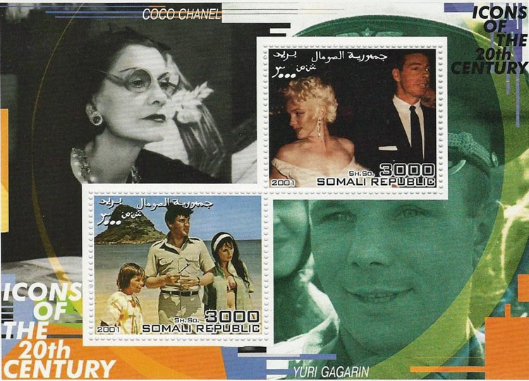 2001 Somalia – Icons of the 20th Century with Marilyn Monroe, Coco Chanel, Yuri Gagarin with Joe Dimaggio