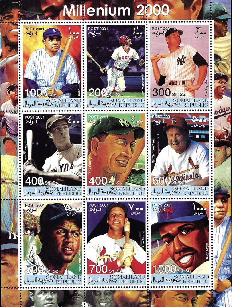 2001 Somaliland – Millennium 2000 with Babe Ruth, Carl Yastrzemski, Mickey Mantle, Joe DiMaggio, Lou Gehrig, Red Schoendienst, Jackie Robinson, Stan Musial and Willie Mays