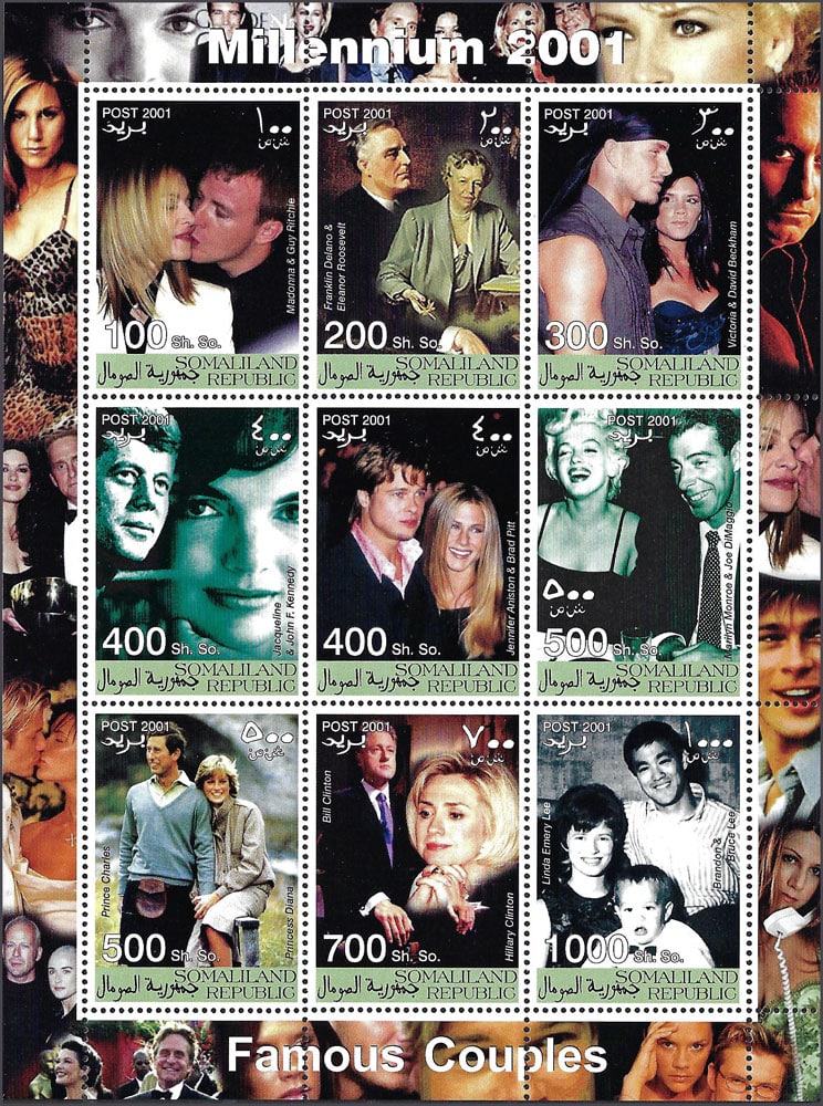 2001 Somaliland – Millennium 2001 Famous Couples SS with Marilyn Monroe and Joe Dimaggio