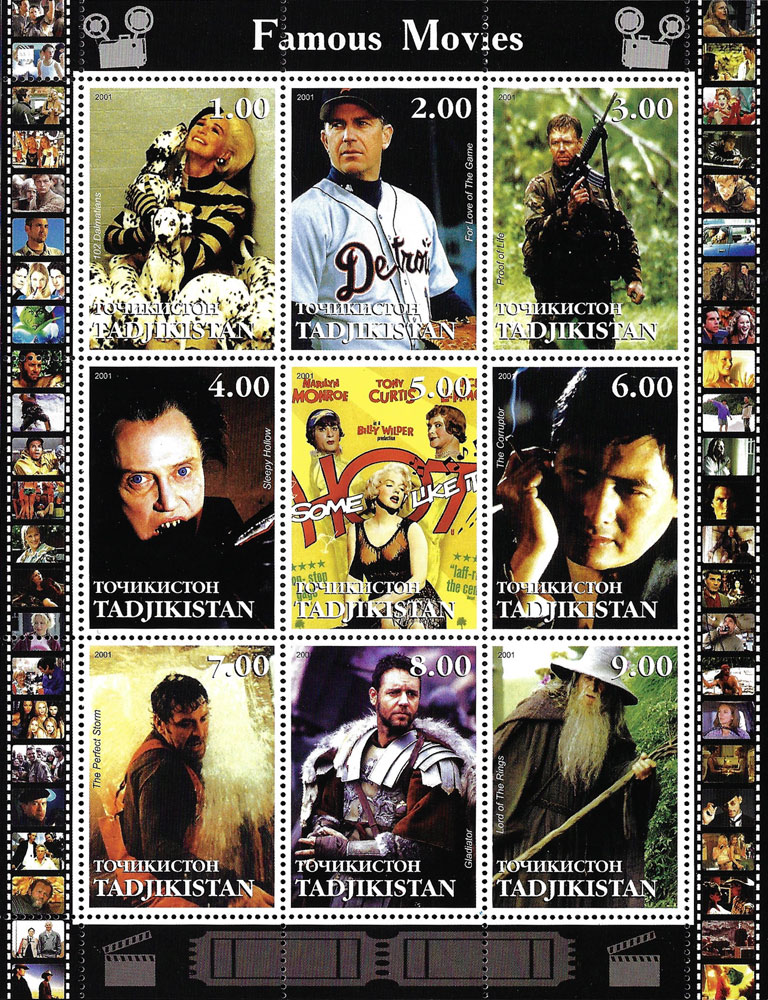 2001 Tajikistan – Kevin Costner Souvenir Sheet in "For Love of the Game" movie
