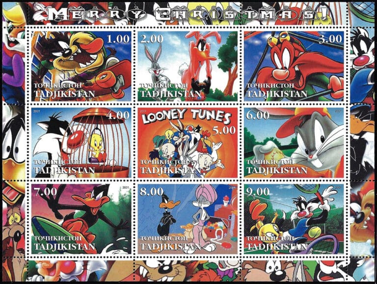 2001 Tajikistan – Merry Christmas Loony Tunes SS – Bugs Bunny pitching