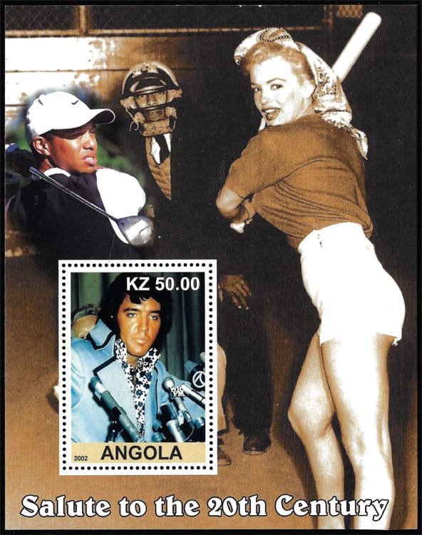 2002 Angola – Salute to the 20th Century, Marilyn Monroe batting, with Tiger Woods and Elvis