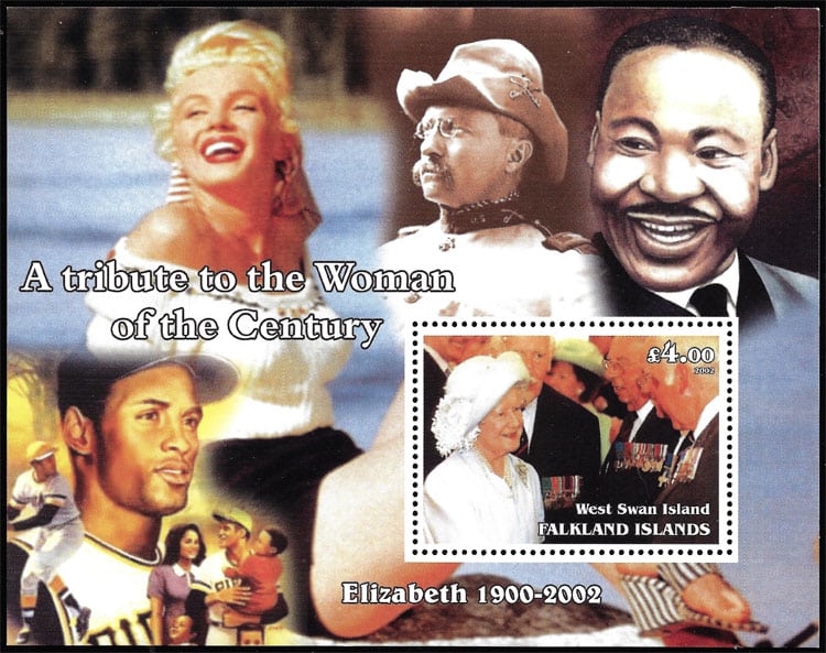 2002 Falkland Islands – A Tribute to the Women of the Century, Roberto Clemente with Marilyn Monroe, Martin Luther King, General Custer