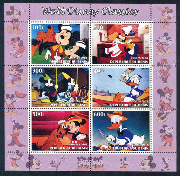 2003 Benin – Walt Disney Classics, Mickey Mouse batting in margin