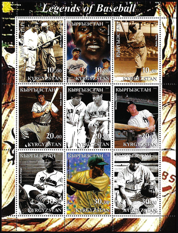 2005 Kyrgyzstan – Legends of Baseball with Babe Ruth, Ty Cobb, Jackie Robinson, Duke Snider, Ted Williams, Joe Dimaggio, Mickey Mantle, Satchel Paige, Josh Gibson