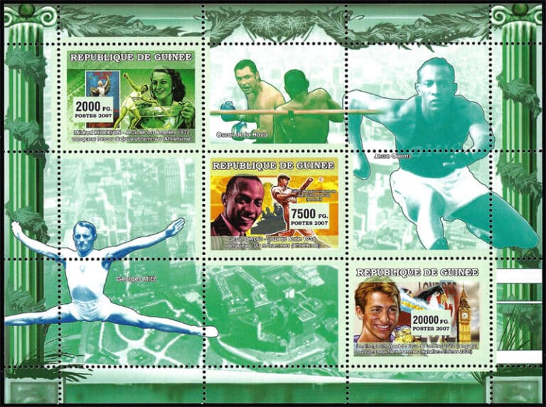 2007 Guinea – Famous Athletes – Mildred Didrikson, Ian Thorpe, Oscar de la Hoya, Georges Miez, and Jesse Owens with Joe Dimaggio