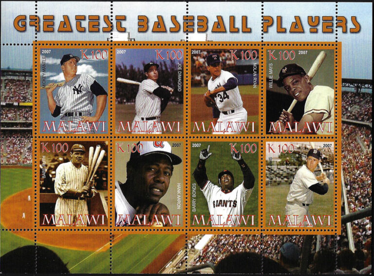 2007 Malawi – Greatest Baseball Players with Mickey Mantle, Joe Dimaggio, Nolan Ryan, Willie Mays, Babe Ruth, Hank Aaron, Barry Bonds, Ted Williams