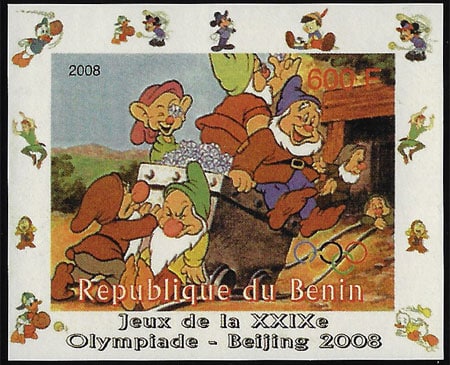 2008 Benin – Olympics in Beijing - Seven Dwarfs, baseball pictogram in margins