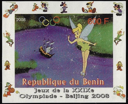 2008 Benin – Olympics in Beijing - Tinkerbell, baseball pictogram in margins