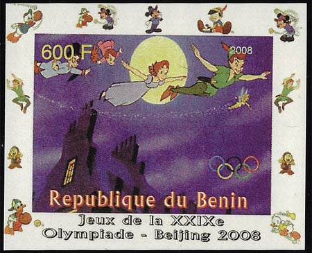 2008 Benin – Olympics in Beijing - Peter Pan and Wendy, baseball pictogram in margins