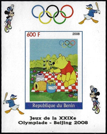 2008 Benin – Olympics in Beijing - Winnie the Pooh eating honey, Donald batting in margins
