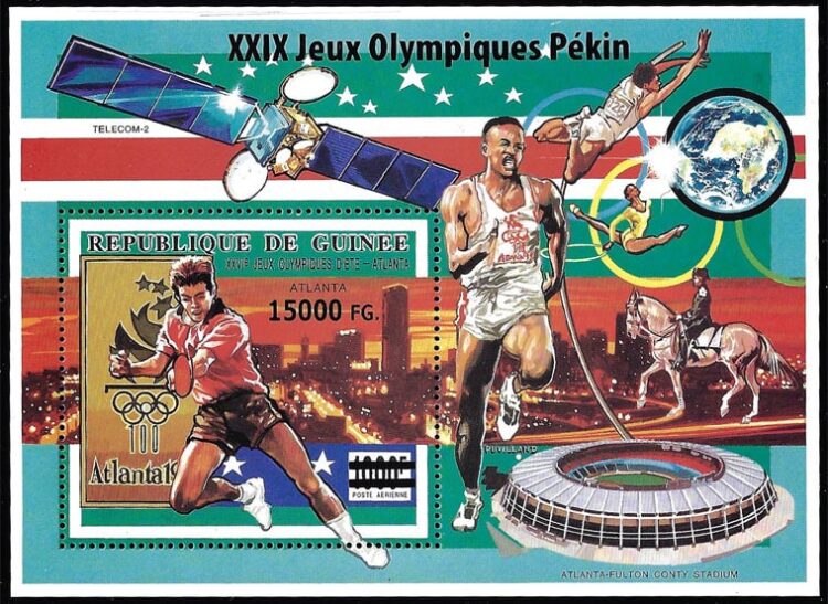 2008 Guinea – Olympics in Atlanta (same as from 1993, but with 29th Olympics in Pekin and 15000FG overprinted) with Fulton Country Stadium