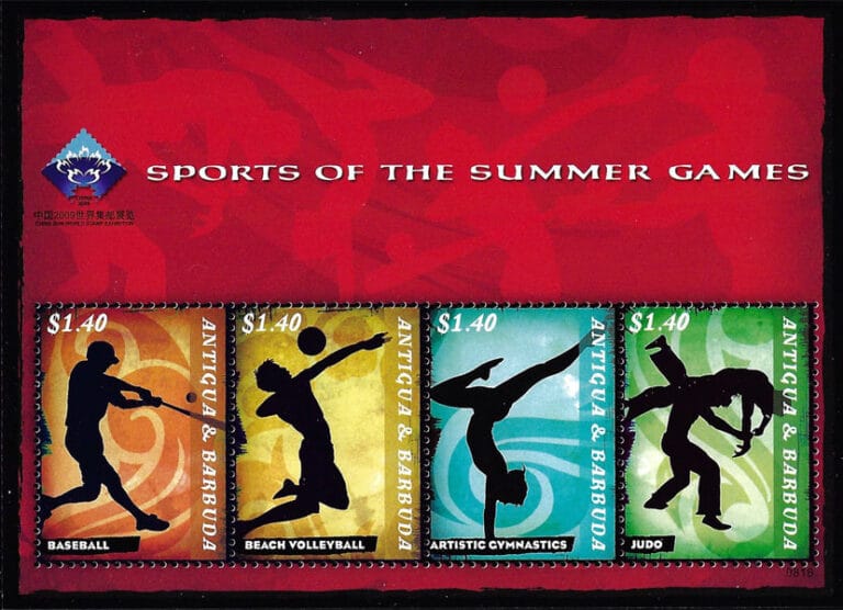 2009 Antigua & Barbuda – Sports of the Summer Games SS with Baseball, Artistic Gymnastics, Beach Volleyball, Judo