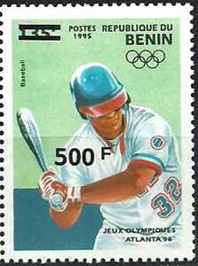 2010 Benin – Overprint of 1996 Olympics in Atlanta baseball stamp with 500F