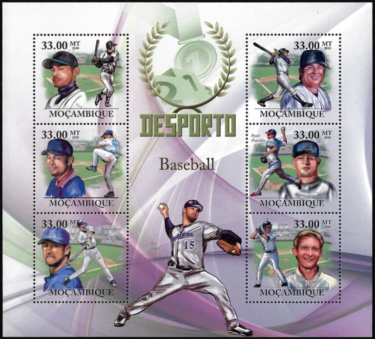 2010 Mozambique – Desporto – Baseball with Ichiro Suzuki, Hideo Nomo, Nomar Garciaparra, Doug Mientkiewicz, Ryan Franklin, Adam Everett, Ben Sheets