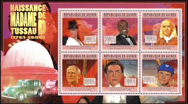 2011 Guinea – Madame Tussaud International SS with Benjamin Franklin, Michael Jackson, John Paul II, Louis Armstrong, Bela Lugosi, Babe Ruth