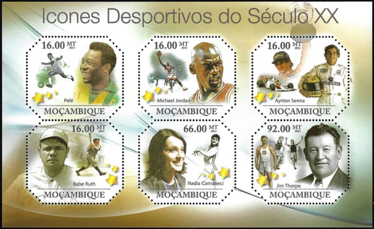 2011 Mozambique – Sports Icons of the 20th Century SS with Pele, Michael Jordan, Ayrton Senna, Nadia Comaneci, Jim Thorpe, Babe Ruth