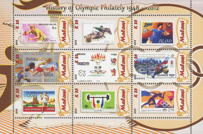 2012 Malawi – History of Olympic Philately 1948-2012 SS with Fulton County Stadium