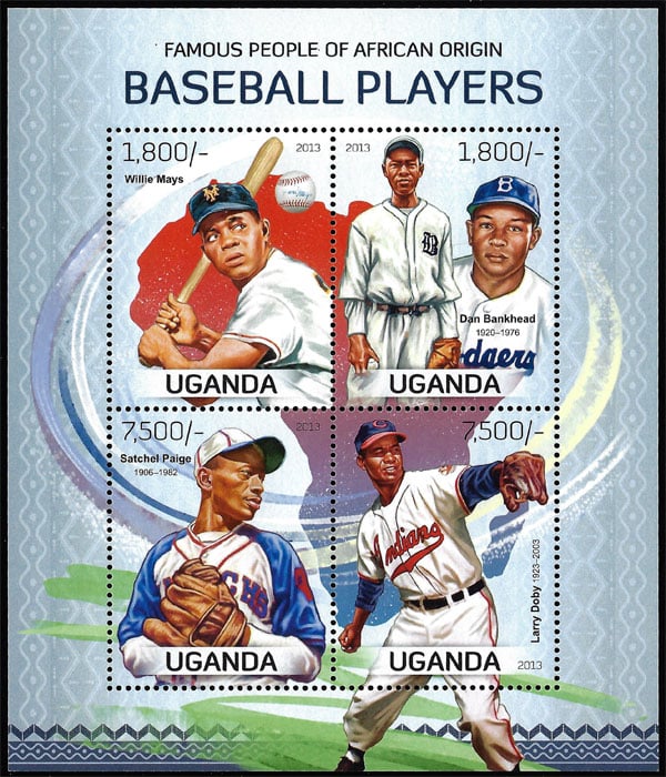 2013 Uganda – Famous People of African Origin – Baseball Players with Willie Mays, Dan Bankhead, Satchel Paige, Larry Doby