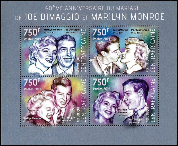2014 Central African Republic – 60th Wedding Anniversary of Marilyn Monroe & Joe Dimaggio (4 values)