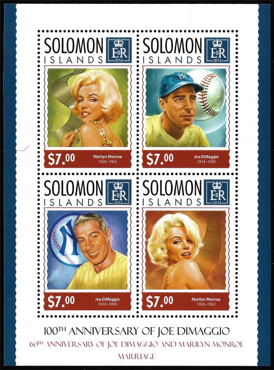 2014 Solomon Islands – 100th Anniversary of Joe Dimaggio with Marilyn Monroe (4 values)