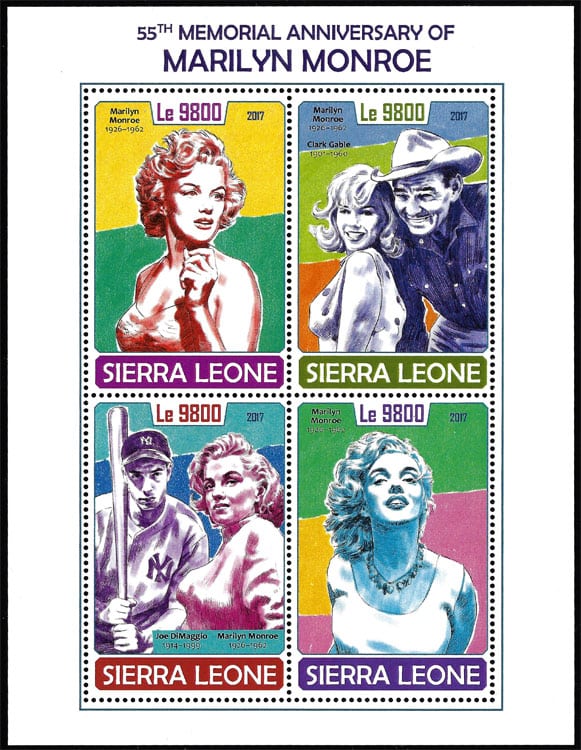 2017 Sierra Leone – 55th Memorial Anniversary of Marilyn Monroe SS (4 values) with Joe Dimaggio