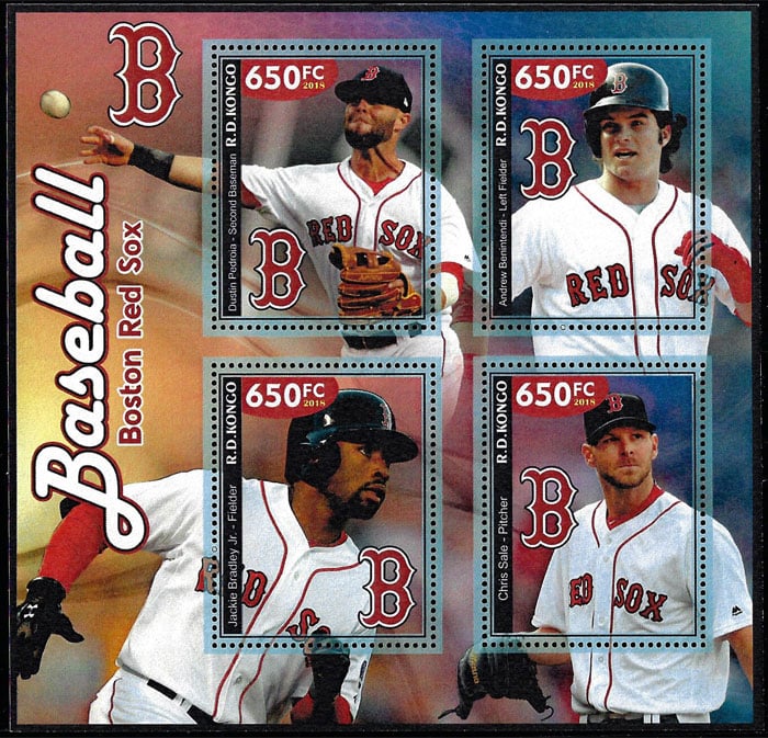 2018 Congo – Baseball – Boston Red Sox (4 values) with Dustin Pedrioa, Andrew Benintendi, Jackie Bradley, Chris Sale